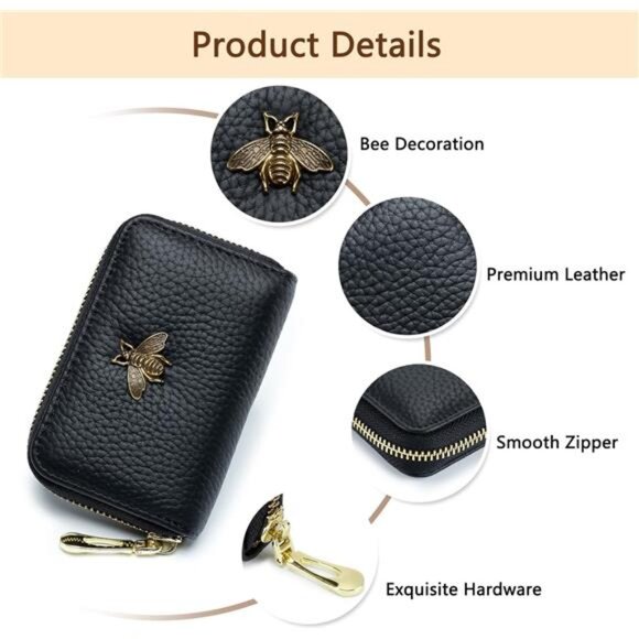 RFID Leather Card Holder Wallet for Women Small Zipper Coin Purse Bee Design - Picture 5 of 7